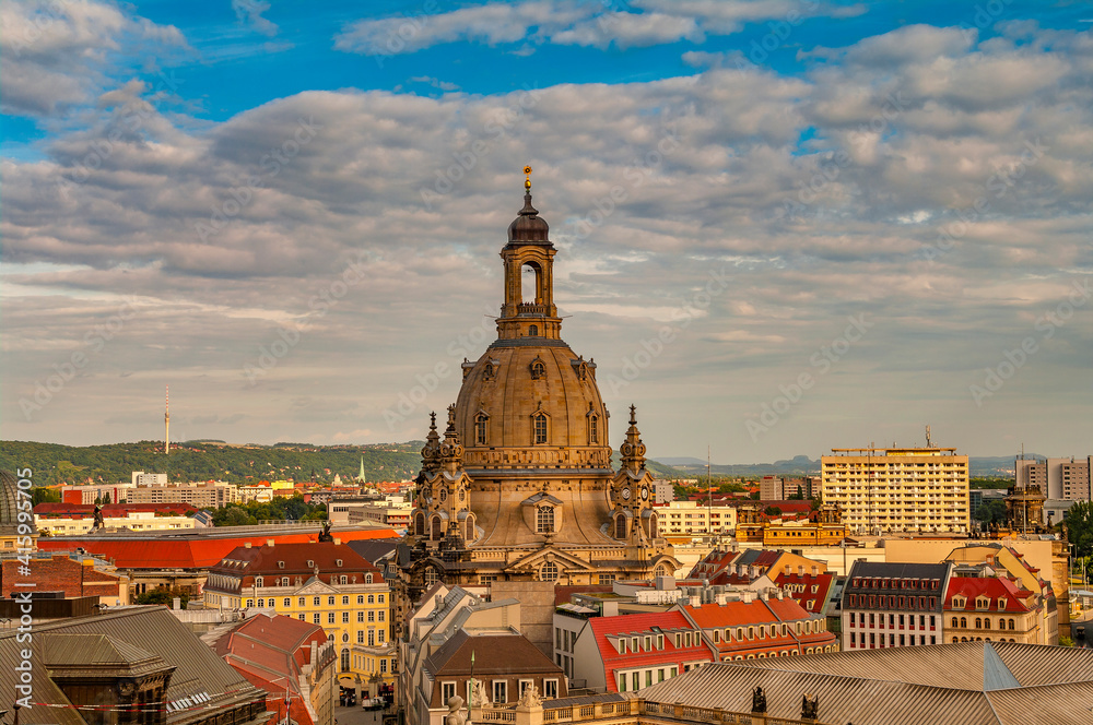 Bird view of the church of our Lady (Frauenkirche) at Neumarkt square in historical downtown of Dresden in summer with blue sky and sunset, Germany, details, closeup.
