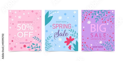 Spring seasonal sale placard advertising cheap shopping. Banner or poster marketing template set offering special limited time wholesale vector illustration isolated on white background
