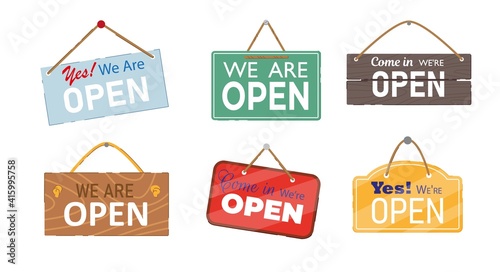 Welcome notice phrase hanging door front signboard set. We are open information signage for shop, store, market, board, restaurant or fashion boutique vector illustration isolated on white background