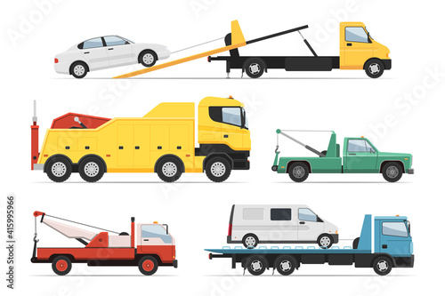 Help lorry, rescue assistance freight trailer truck set. Emergency trucking vehicle, wreck and crash aid, towing auto service, automotive transportation platform vector illustration isolated on white