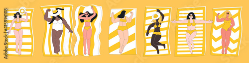Plump, curvy woman in swimming suit sunbathing on beach. Plus size female body positive cartoon character laying on towel enjoy relaxation summer leisure paradise vacation vector illustration