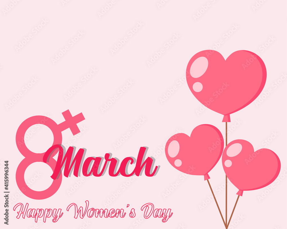 Happy women's day concept: Cute and kawaii color balloons with text. Space for your copy. Cartoon vector style for your design.