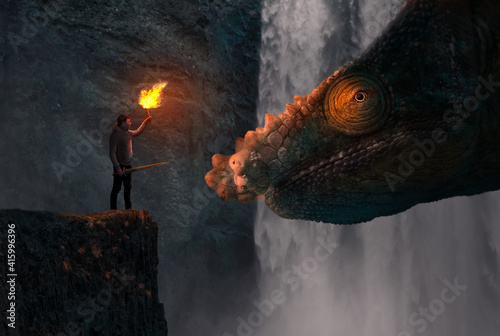 Concept of confidence - Man facing a dragon