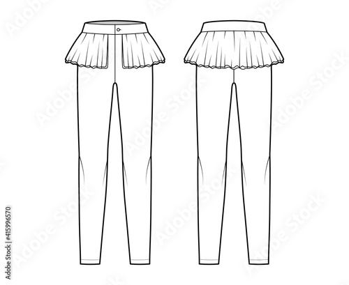 Pants peplum technical fashion illustration with extended low waist, rise, full length, 2 layer frilled skirt. Flat bottom trousers apparel template front, back, white color. Women unisex CAD mockup