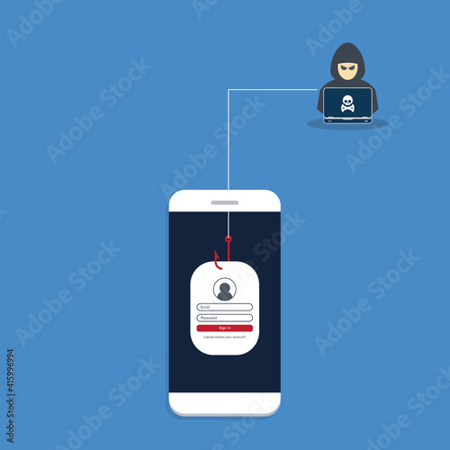 Hacker and sign-in form on fishing hook on the screen of a smartphone. Scam and phishing concept.