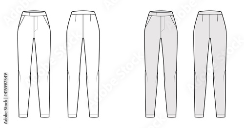 Pants cigarette technical fashion illustration with extended normal low waist, high rise, full length, slant slashed pockets. Flat trousers apparel front, back, white grey color. Women men CAD mockup