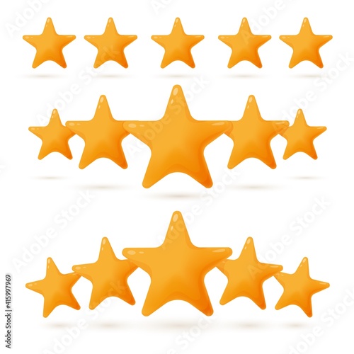 Five gold star rating and success review evaluation set. Vote and feedback opinion glossy mark, excellent high class value, best quality insignia vector illustration isolated on white background
