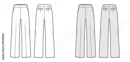 Pants tailored technical fashion illustration with extended low waist, rise, full length, flap pockets. Flat casual bottom apparel template front, back, white grey color. Women men unisex CAD mockup