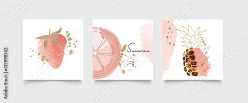 minimal background in pink  and  blue tropical summer leaf and fruit
