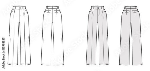 Pants tailored technical fashion illustration with extended normal waist, rise, full length, flap pockets, single pleat, belt loops. Flat template front, back, white grey color. Women men CAD mockup