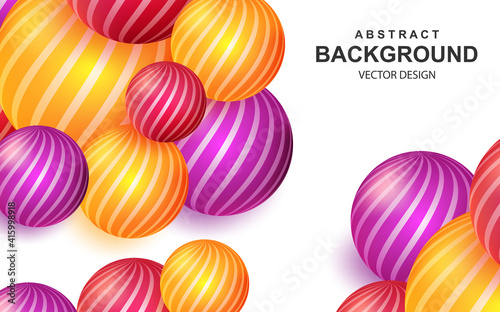 Colorful abstract background with realistic 3d balls. Bright composition with striped color spheres. Modern cover design vector illustration. Art realism, dynamic wallpaper with 3d geometric shapes.