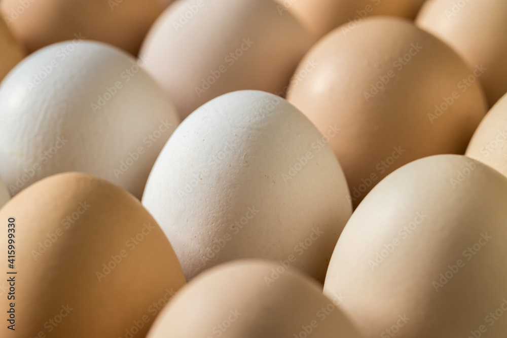 Rows of chicken eggs close-up, side view. Chicken egg texture. Rows of chicken eggs close-up, side view. Chicken egg texture.