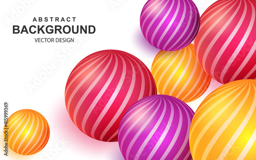 Colorful abstract background with realistic 3d balls. Bright composition with striped color spheres. Modern cover design vector illustration. Art realism, dynamic wallpaper with 3d geometric shapes.