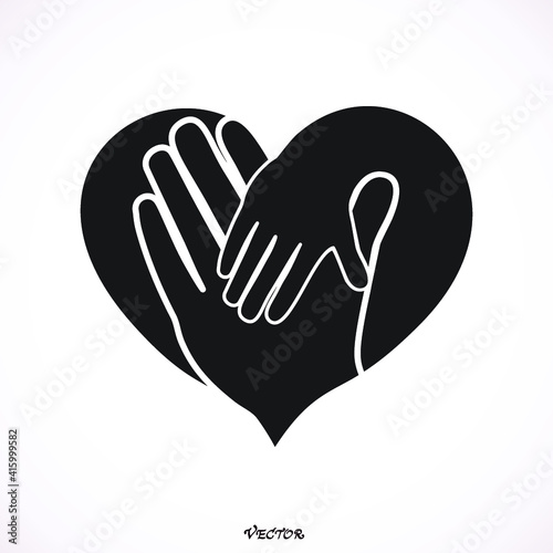 Isolated vector hands logo. Family sign. Children care image. Adoption illustration. Child raising sing. Kindergarden icon. Charity for orphans. Help kids campaign. Racial issues. Heart icon. 