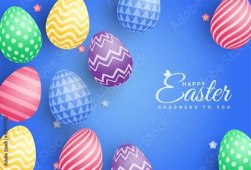 Easter poster and banner template with Easter eggs on blue background. Greetings and presents for Easter Day in flat lay styling.Promotion and shopping template for Easter