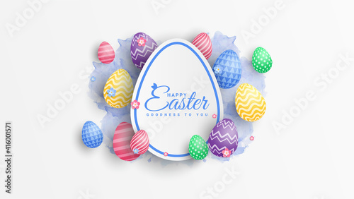 Vector Illustration of Happy Easter Holiday with Painted Egg, white Background. International Spring Celebration Design with Typography for Greeting Card, Party Invitation