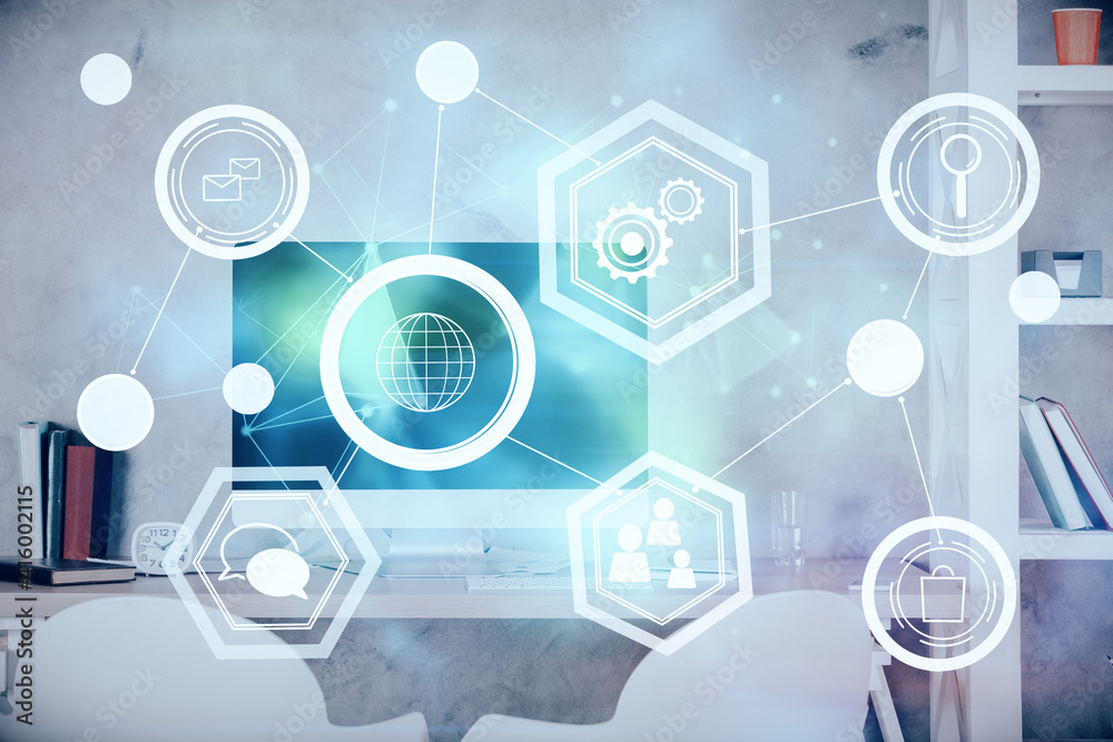Double exposure of social network theme drawing and office interior background. Concept of web. Double exposure of social network theme drawing and office interior background. Concept of web.