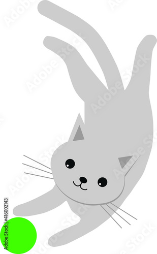 Cute gray cat plays with a green ball. Vector illustration isolated on white background.