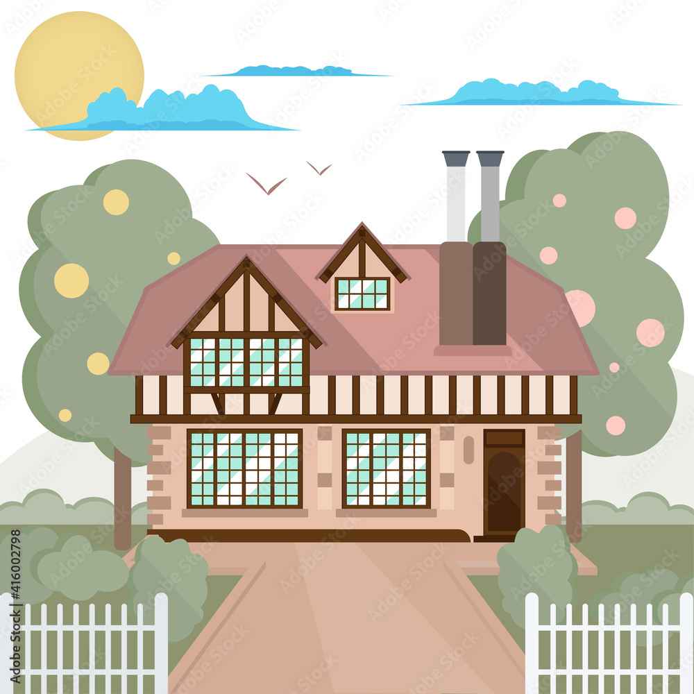 Country house with nature. Farm in the countryside. Cottage among the trees. Cartoon vector illustration. Made in flat strength.