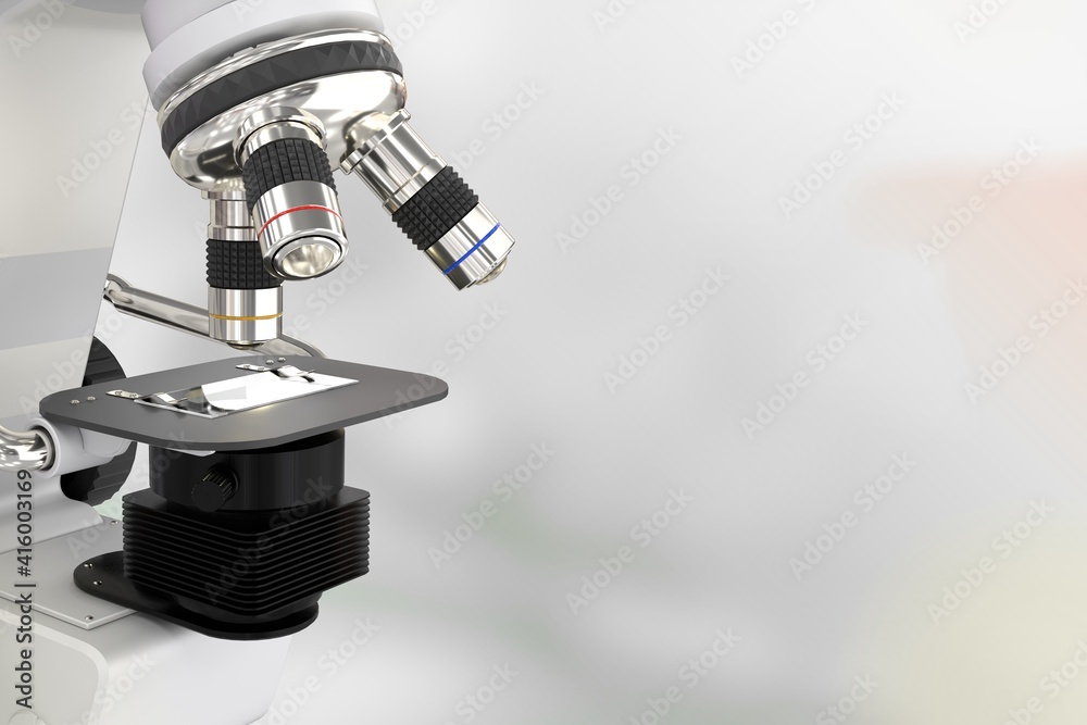 physic development concept, object 3D illustration - laboratory modern scientific microscope on soft focus background physic development concept, object 3D illustration - laboratory modern scientific microscope on soft focus background
