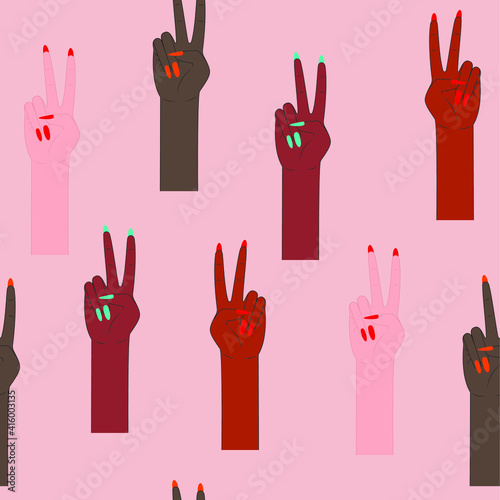 vector of pattern of female hands showing a peace sign. Two fingers raised up. Peace and Victory. 