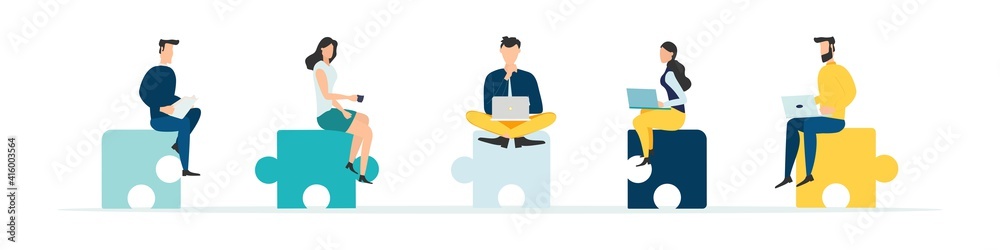Business concept. Team metaphor. People connecting puzzle pieces. business team working and project teamwork concept. Community service symbol, cooperation, partnership. Vector.