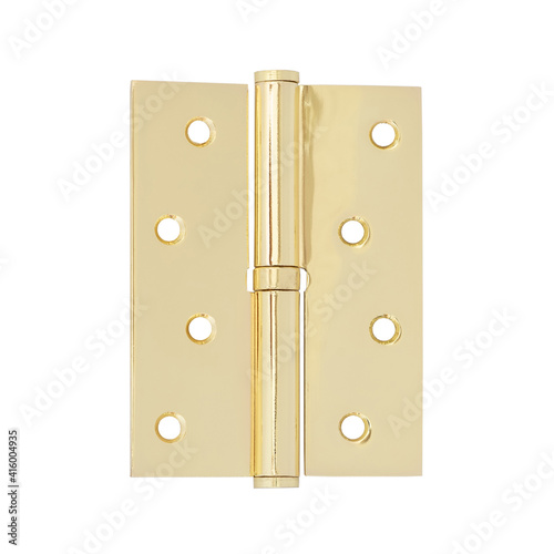 Mortise door hinge in classic gold color, removable with eight self-tapping screws on a white background