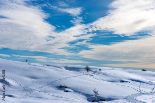 Snowy winter Landscape of the Lessinia Plateau (Altopiano della Lessinia) Regional Natural Park, Malga San Giorgio, ski resort, Bosco Chiesanuova municipality, Verona province, Veneto, Italy, Europe.