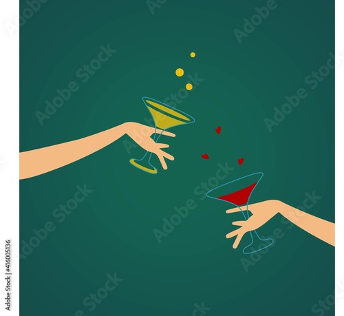 Beautiful female hands are holding glasses of wine and clink glasses. Festive feast with alcoholic beverages. Vector illustration in a flat style. To your health.