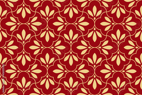 Flower geometric pattern. Seamless vector background. Gold and red ornament