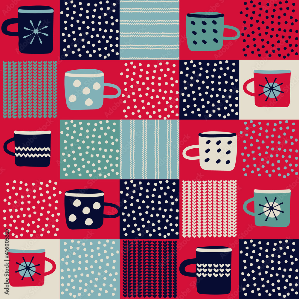 Seamless pattern, patchwork with hand drawn cups, polka dot, waves in rustic Scandinavian hygge style for surface design and other design projects