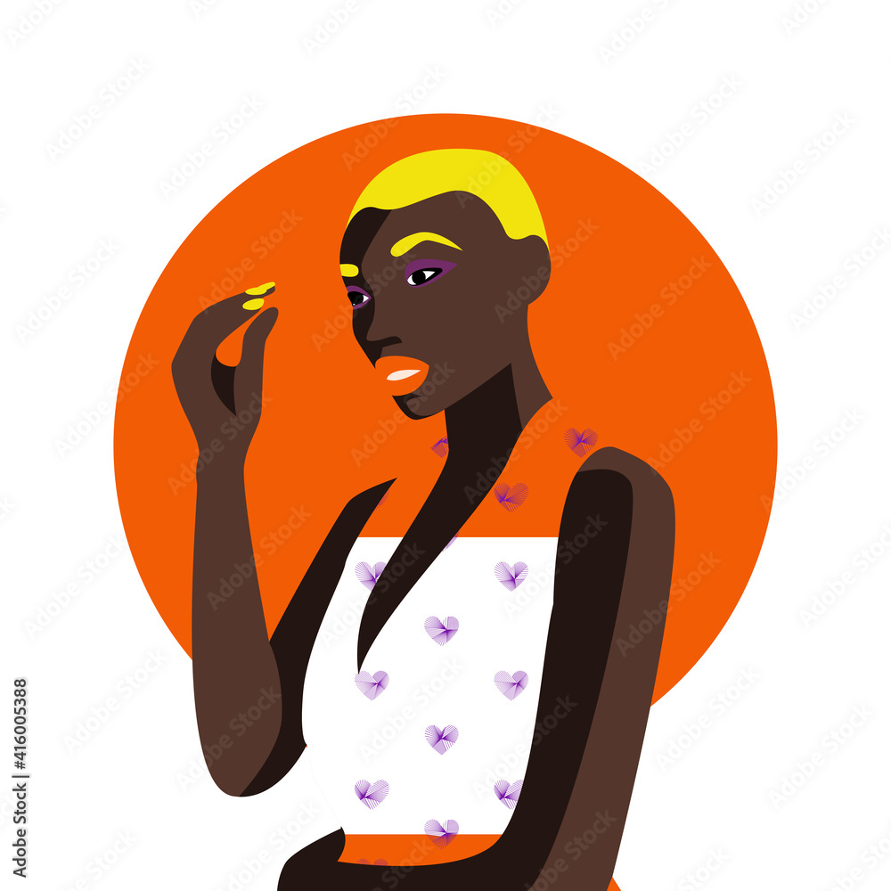 beautiful young urban black girl in retro 70s style. For printing prints, banners, flyers, T-shirts, packaging, brands. Psych Out trend beautiful young urban black girl in retro 70s style. For printing prints, banners, flyers, T-shirts, packaging, brands. Psych Out trend