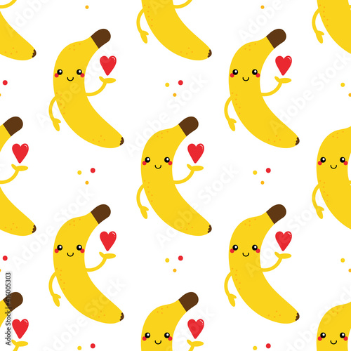 Cute cartoon style smiling banana character holding with red heart and dots vector seamless pattern background.