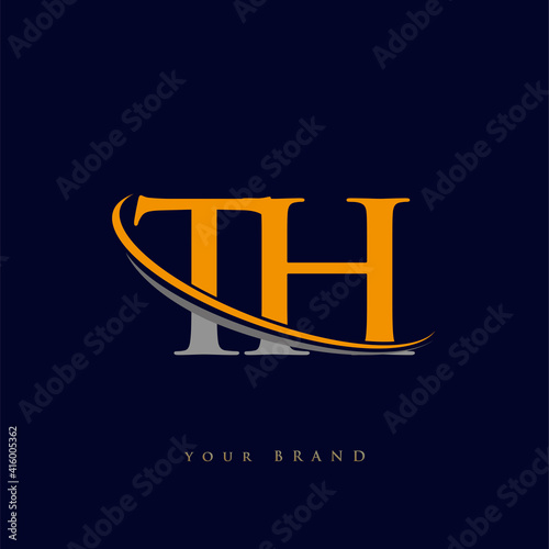 initial letter TH logotype company name yellow and grey swoosh design. isolated on dark background.