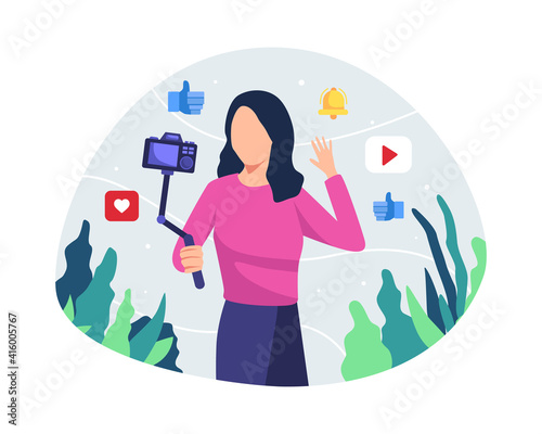 Young woman vlogger. Young woman blogger or vlongger looking at camera and talking on video shooting. Vlogger record vlog streaming video, Creating video for blog or vlog. Vector in a flat style