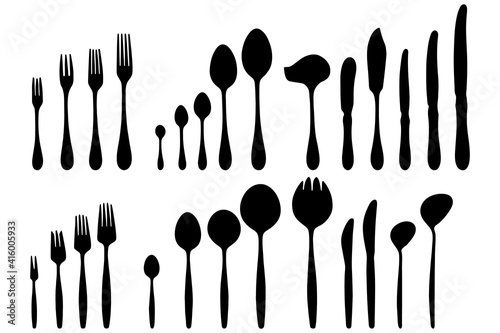 Spoons and forks silhouettes. Basis serving, etiquette rules. Elements set on white background