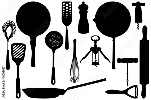 Kitchen stuffs silhouettes. Basis elements set on white background