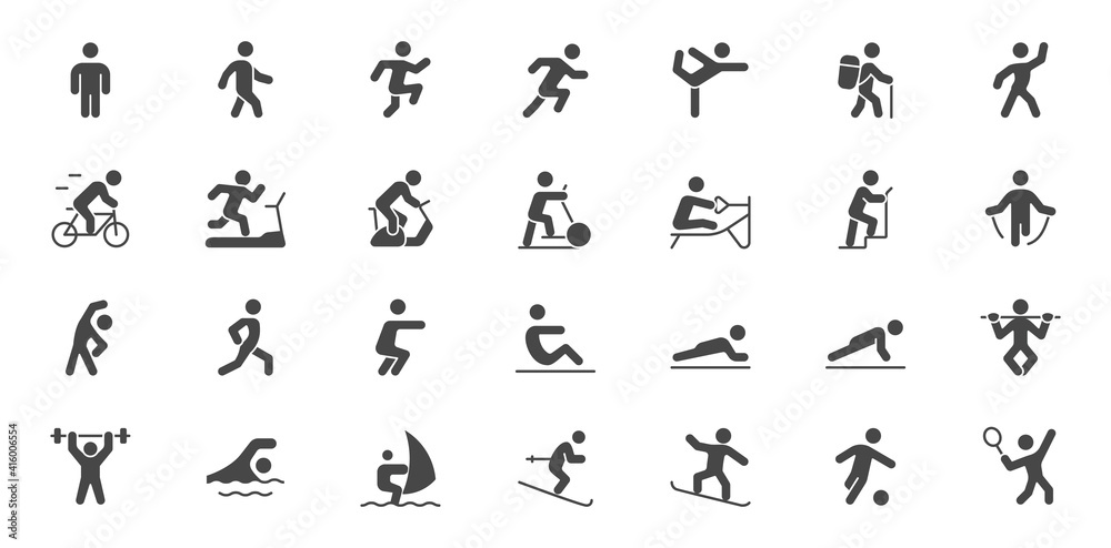 Sport people simple flat glyph icons. Vector illustration with m - obrazy, fototapety, plakaty 