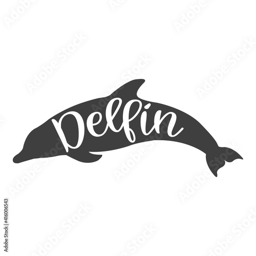 Logotipo con texto manuscrito delfín en español escrito a mano en silueta de delfín en color negro