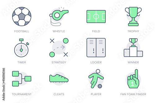 Football sport simple line icons. Vector illustration with minimal icon - soccer ball, scoreboard stopwatch, field, referee whistle, championship score, fan finger. Green Color, Editable Stroke.