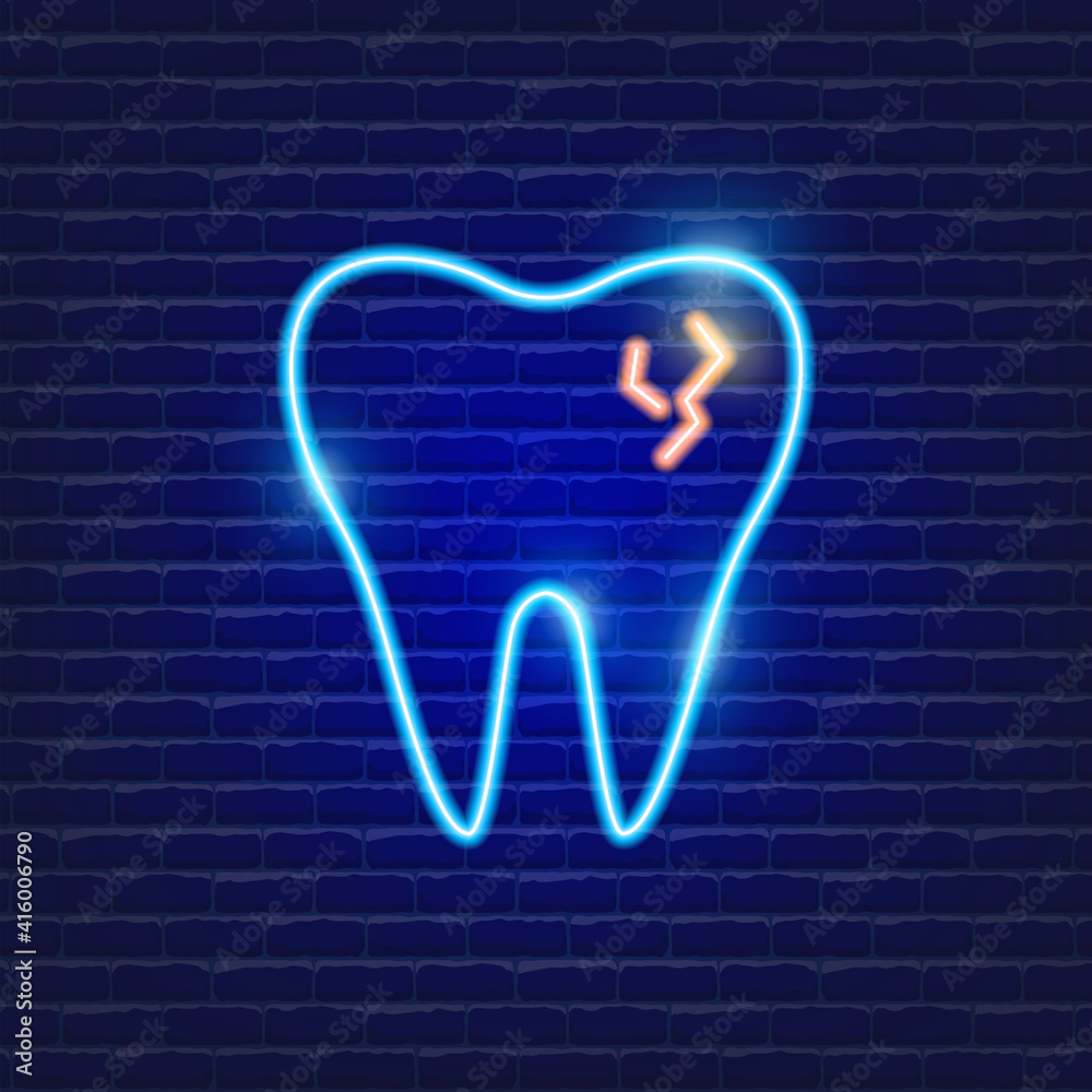 Tooth neon icon. Sign for dentistry clinic. Orthodontics concept.