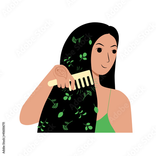 Young brunette woman character combs her long loose hair. Natural herbal cosmetics wooden comb made from eco friendly materials. Daily self care routine. Stock vector illustration isolated on white.