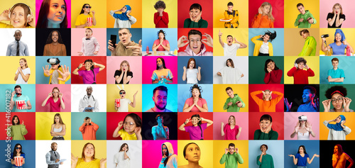 Collage of faces of 37 emotional people on multicolored backgrounds. Expressive models  multiethnic group. Human emotions  facial expression concept. Astonished  winner  shouting  successful  movie