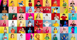 Collage of faces of 40 emotional people on multicolored backgrounds. Expressive male and female models, multiethnic group. Human emotions, facial expression concept. Music, videogames, online.