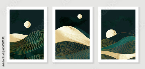 Gold mountain background vector. Mid century landscape art with sun and moon, Sea and Ocean. Modern contemporary art design for acrylic canvas , digital Prints, wallpaper, Poster, metal poster prints