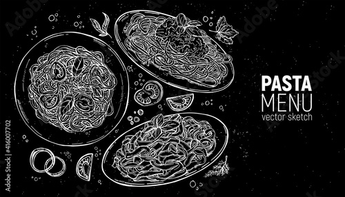 Set of Italian pastes. Carbonara, bolognese, vegetarian. Hand drawing sketch.