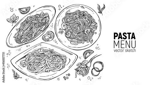 A set of Italian pastes. Carbonara, with chicken and tomatoes, seafood, bolognese on a fork. Hand drawing. photo