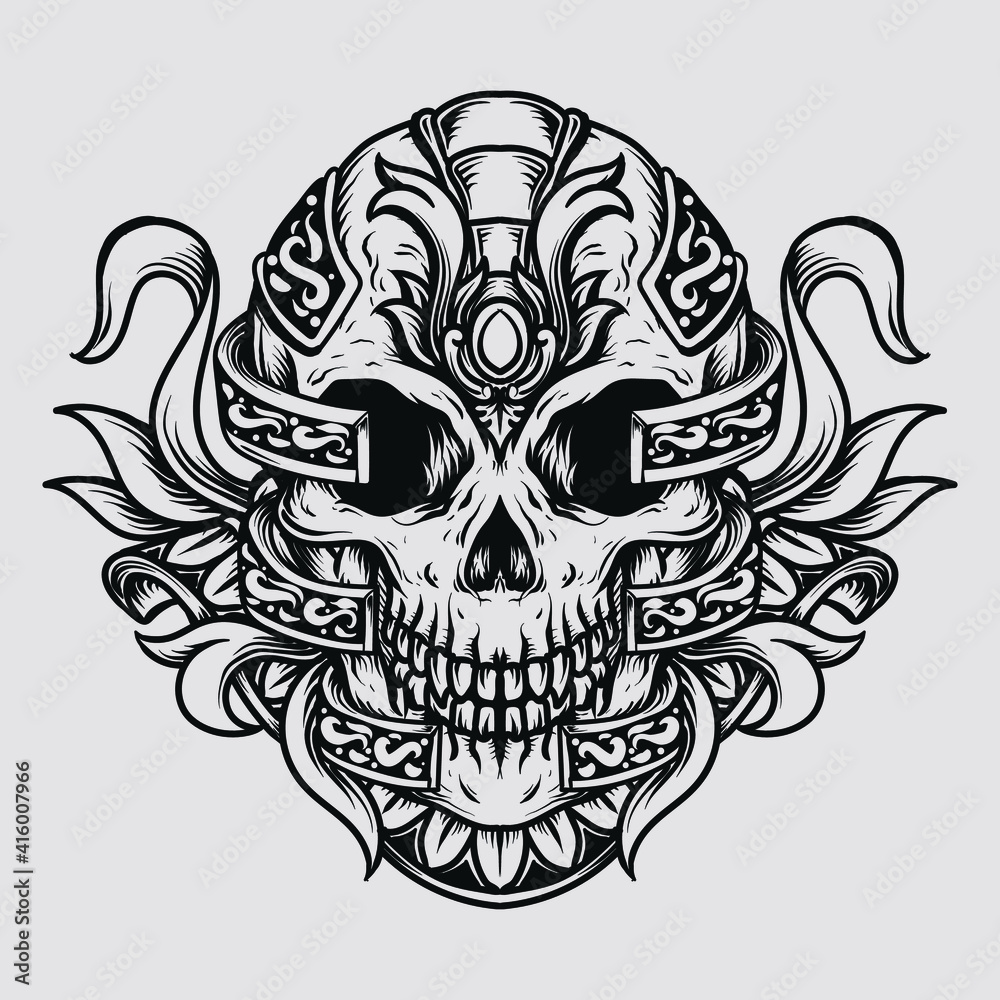 tattoo and t-shirt design black and white hand drawn illustration skull ...