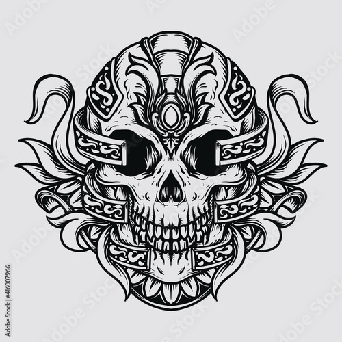tattoo and t-shirt design black and white hand drawn illustration skull engraving ornament