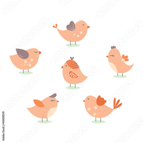 Cute birds set. Isolated vector drawing.